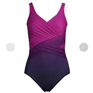 Lands' End Women's SlenderSuit Tummy Control V-neck Wrap Swimsuit Size 8 Petite